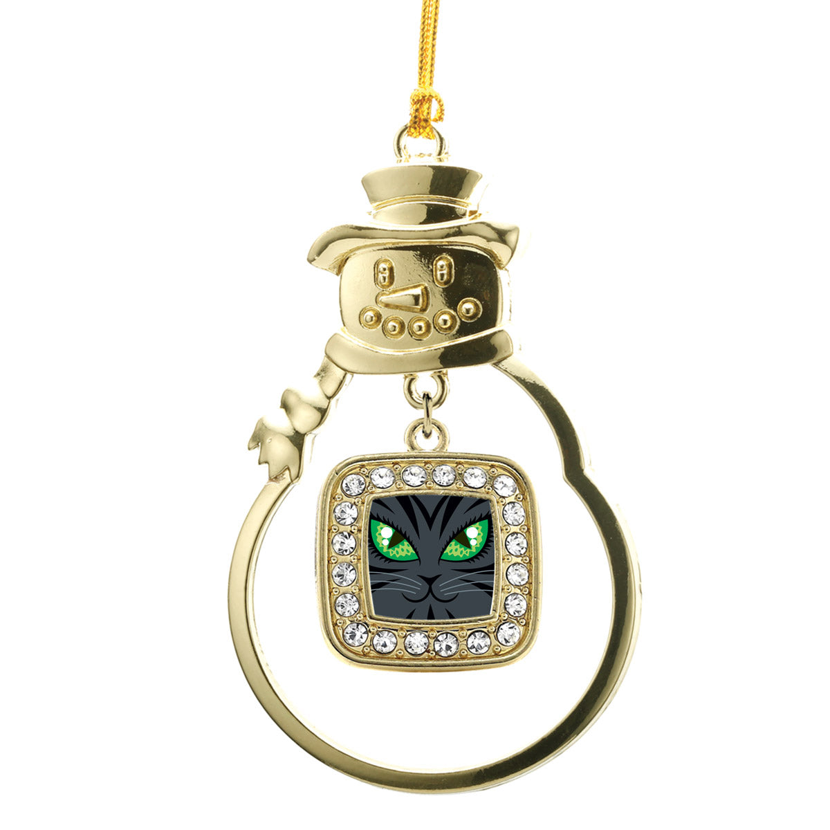 Gold Mischievous Cat Square Charm Snowman Ornament