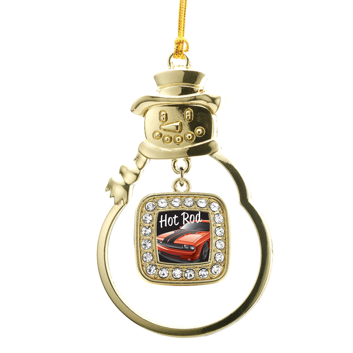 Gold Hot Rod Square Charm Snowman Ornament