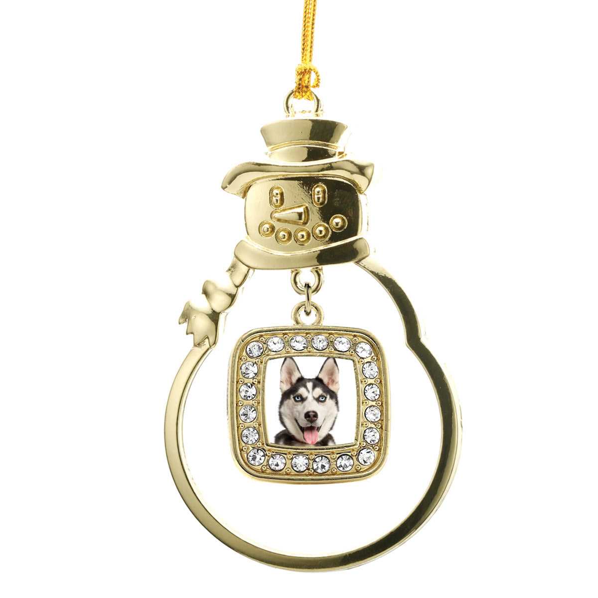 Gold Siberian Husky Square Charm Snowman Ornament