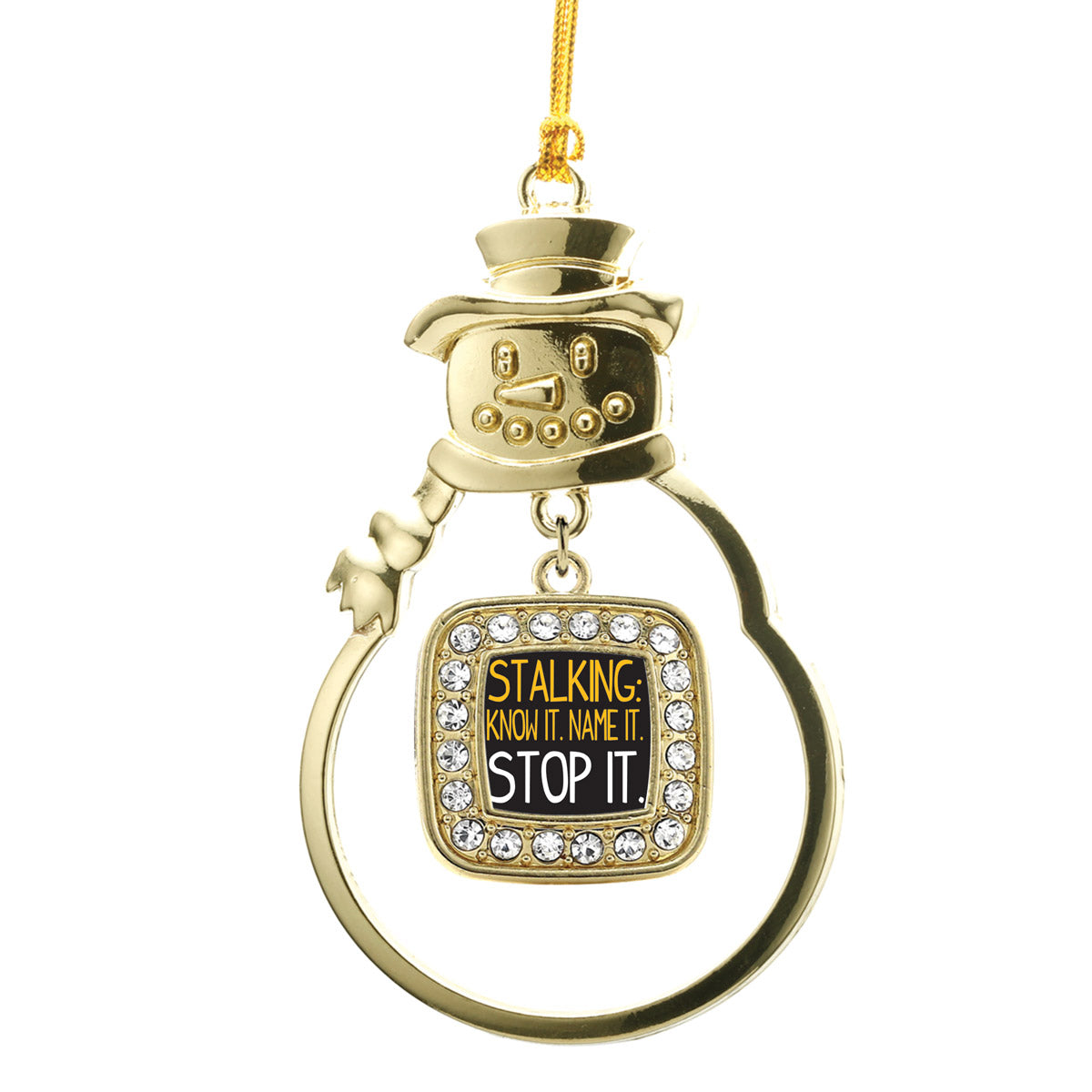 Gold Stalker Awareness Square Charm Snowman Ornament