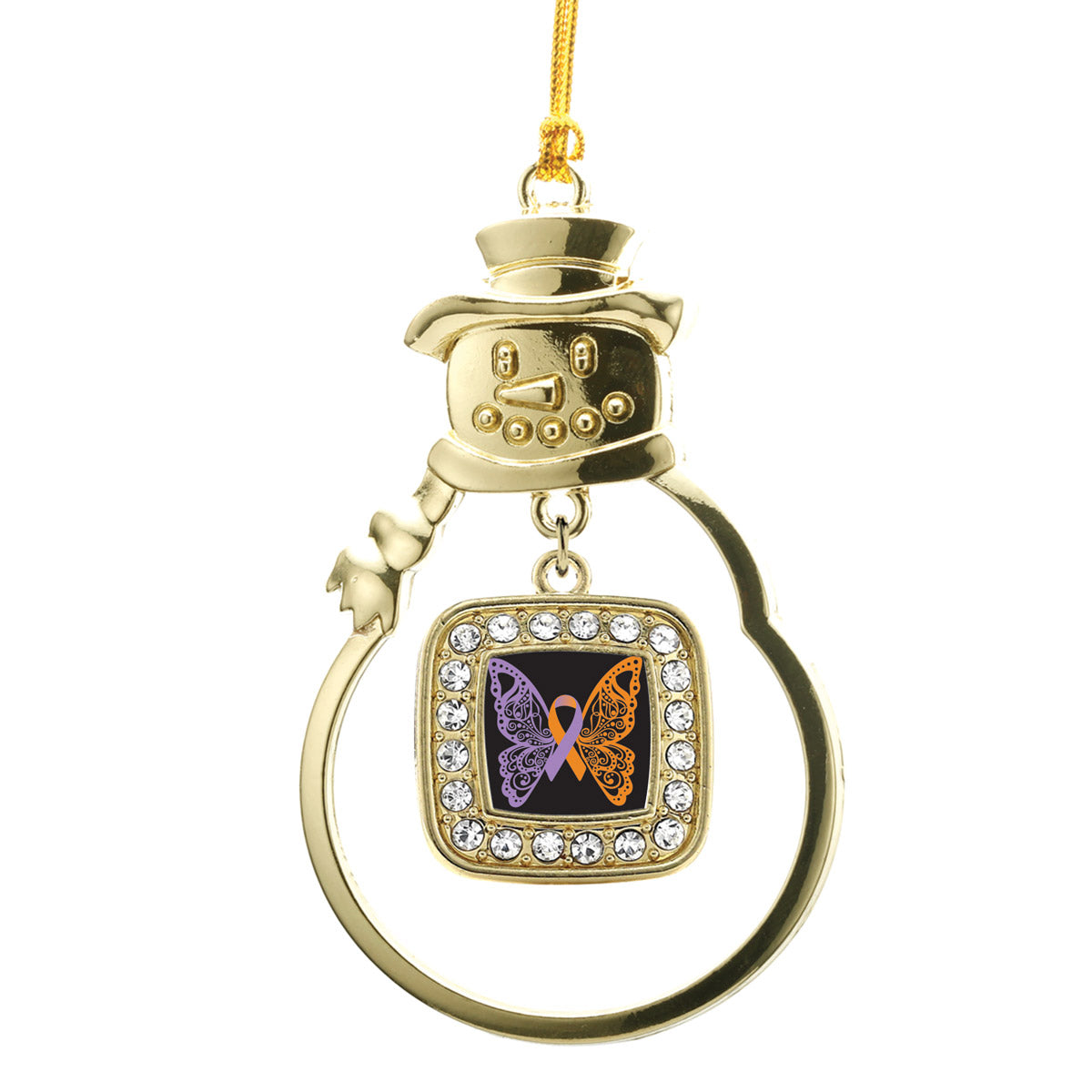 Gold Psoriasis Awareness Butterfly Square Charm Snowman Ornament