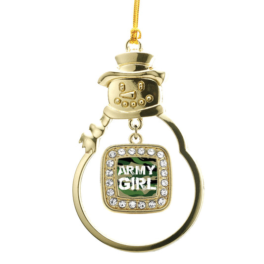 Gold Army Girl Square Charm Snowman Ornament