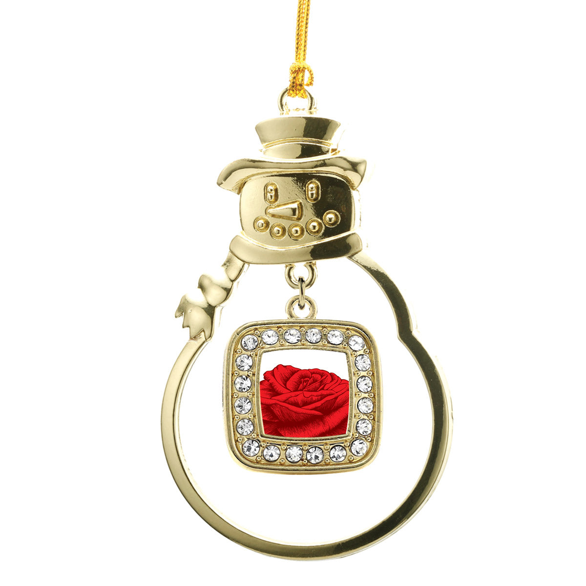 Gold Red Rose Square Charm Snowman Ornament