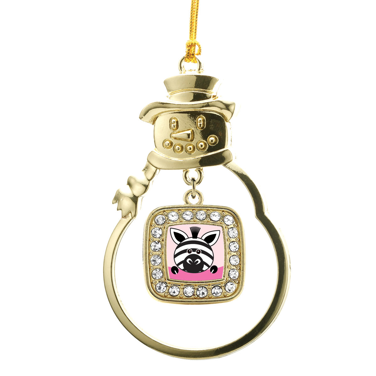 Gold Peeking Zebra Square Charm Snowman Ornament