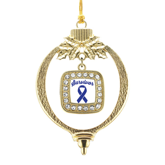 Gold Blue Ribbon Survivor Square Charm Holiday Ornament