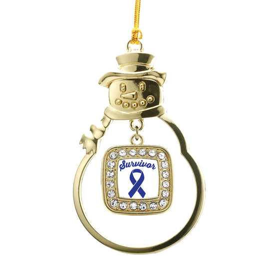 Gold Blue Ribbon Survivor Square Charm Snowman Ornament