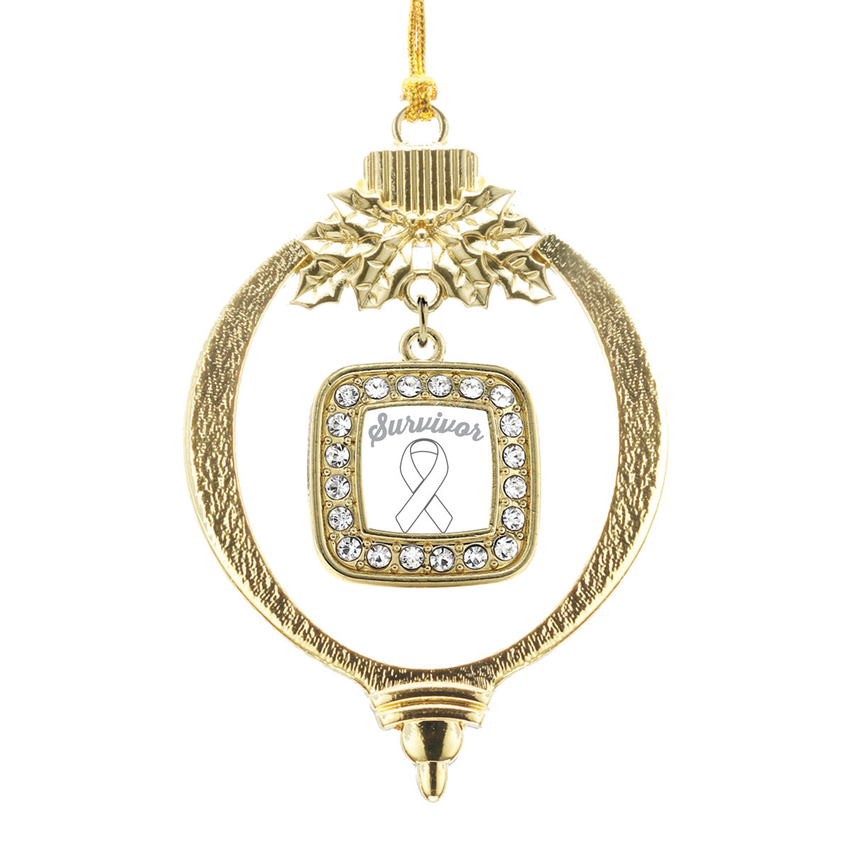 Gold White Ribbon Survivor Square Charm Holiday Ornament