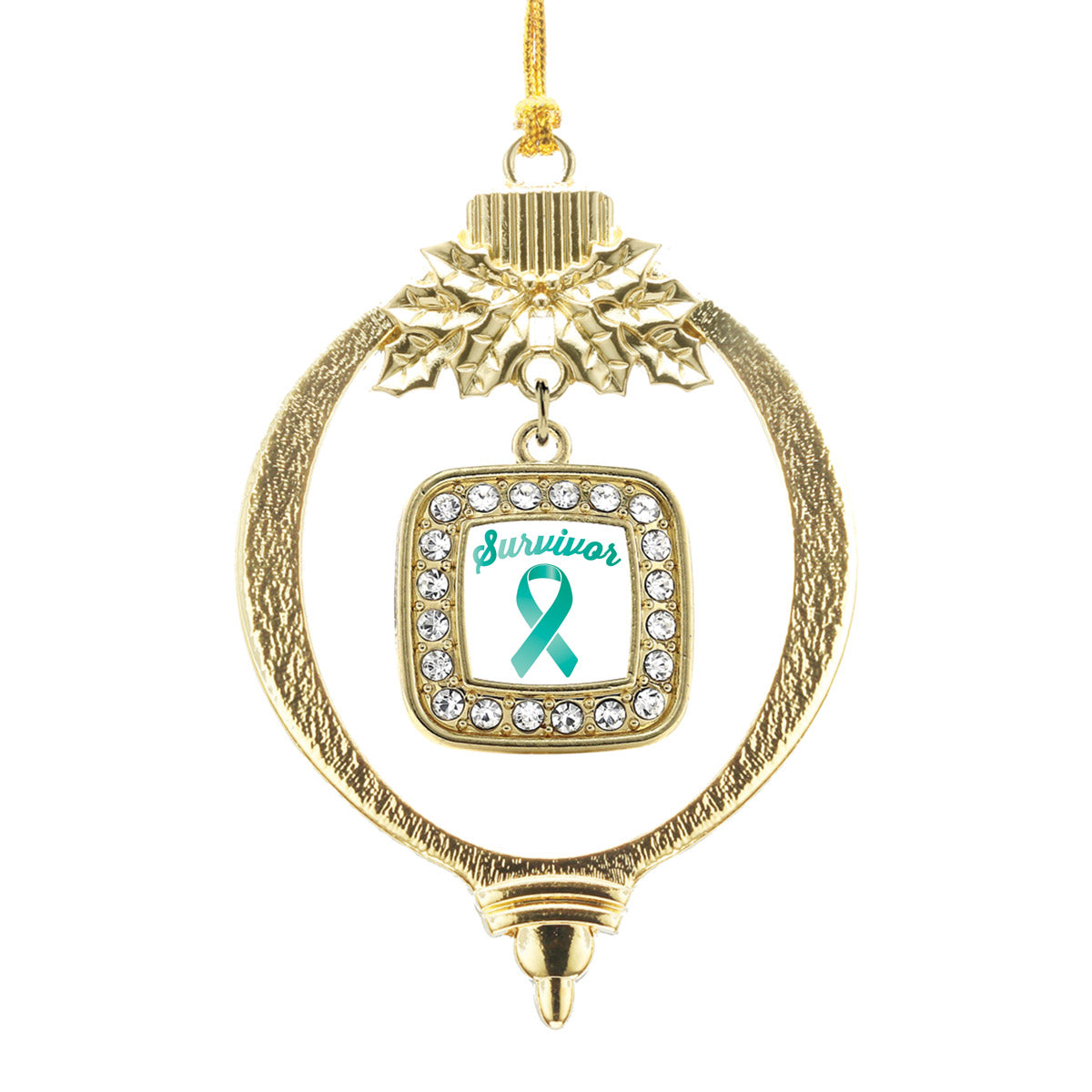 Gold Teal Ribbon Survivor Square Charm Holiday Ornament