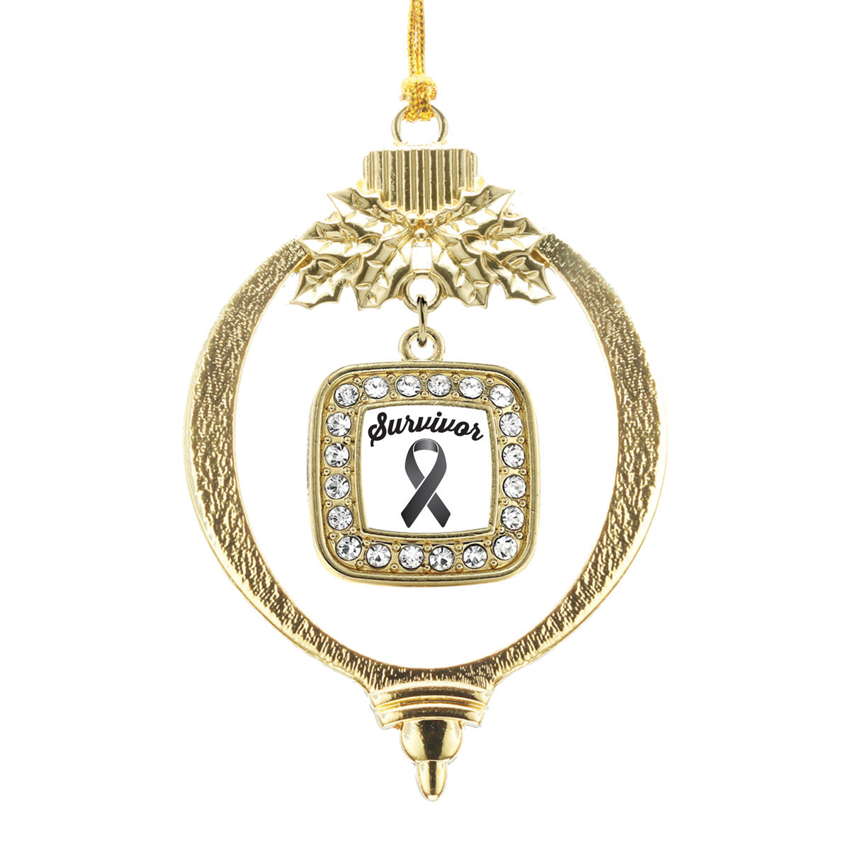Gold Black Ribbon Survivor Square Charm Holiday Ornament