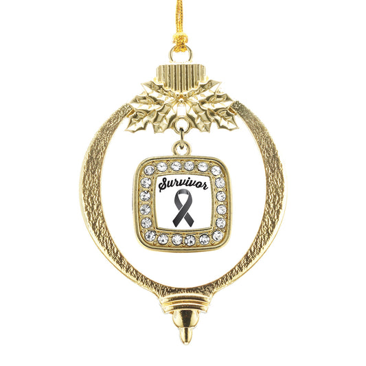 Gold Black Ribbon Survivor Square Charm Holiday Ornament