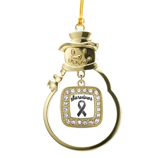Gold Black Ribbon Survivor Square Charm Snowman Ornament