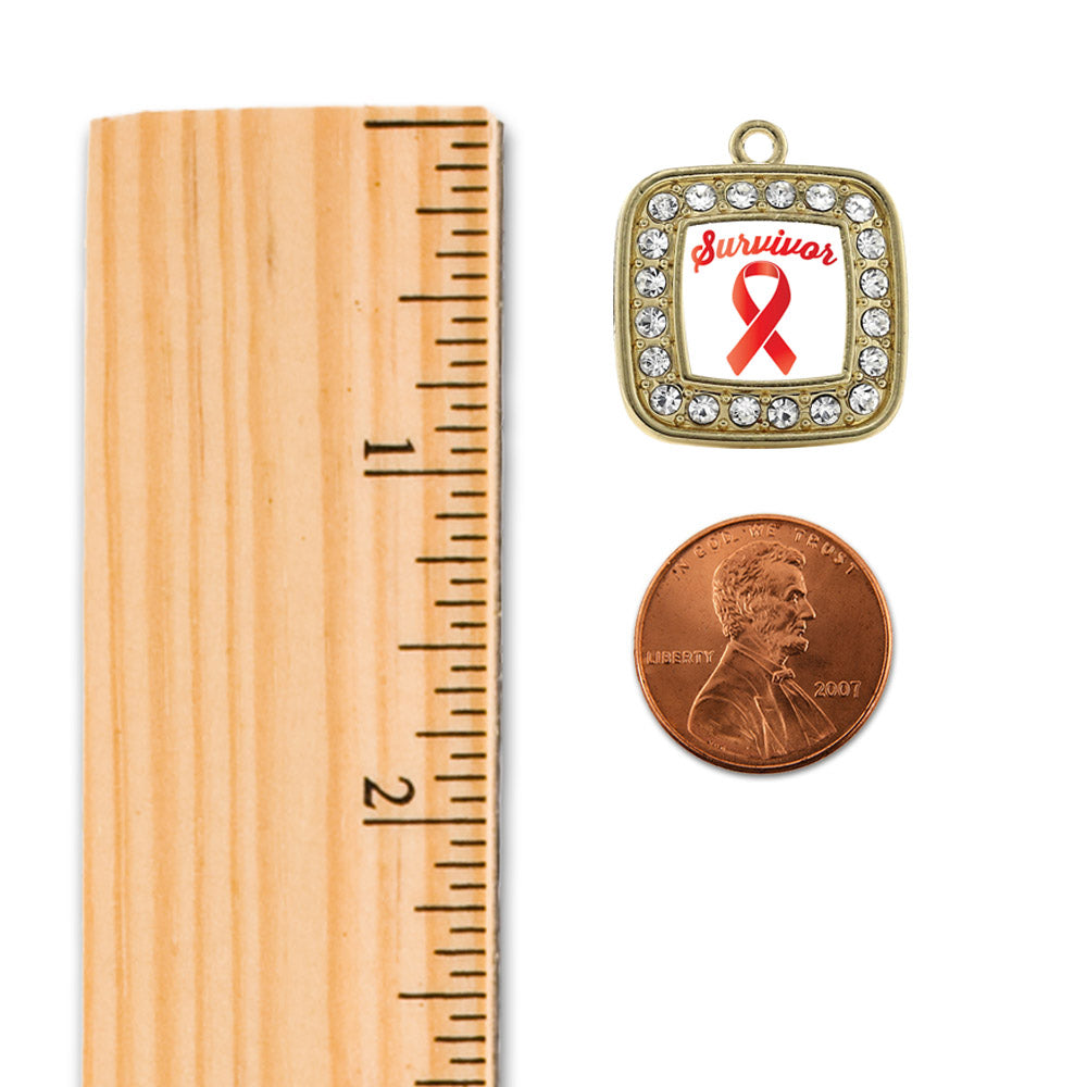 Gold Red Ribbon Survivor Square Charm Snowman Ornament
