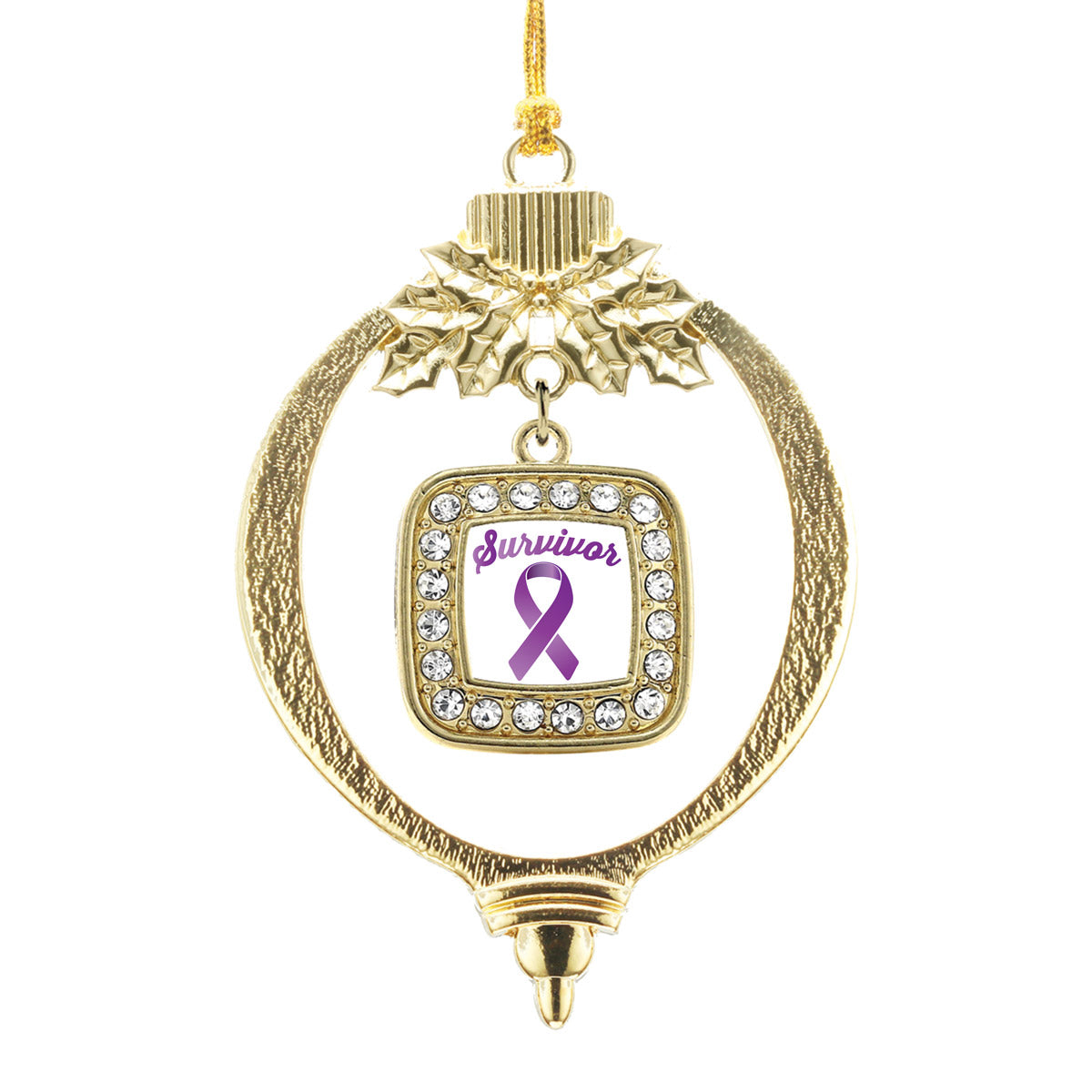 Gold Purple Ribbon Survivor Square Charm Holiday Ornament