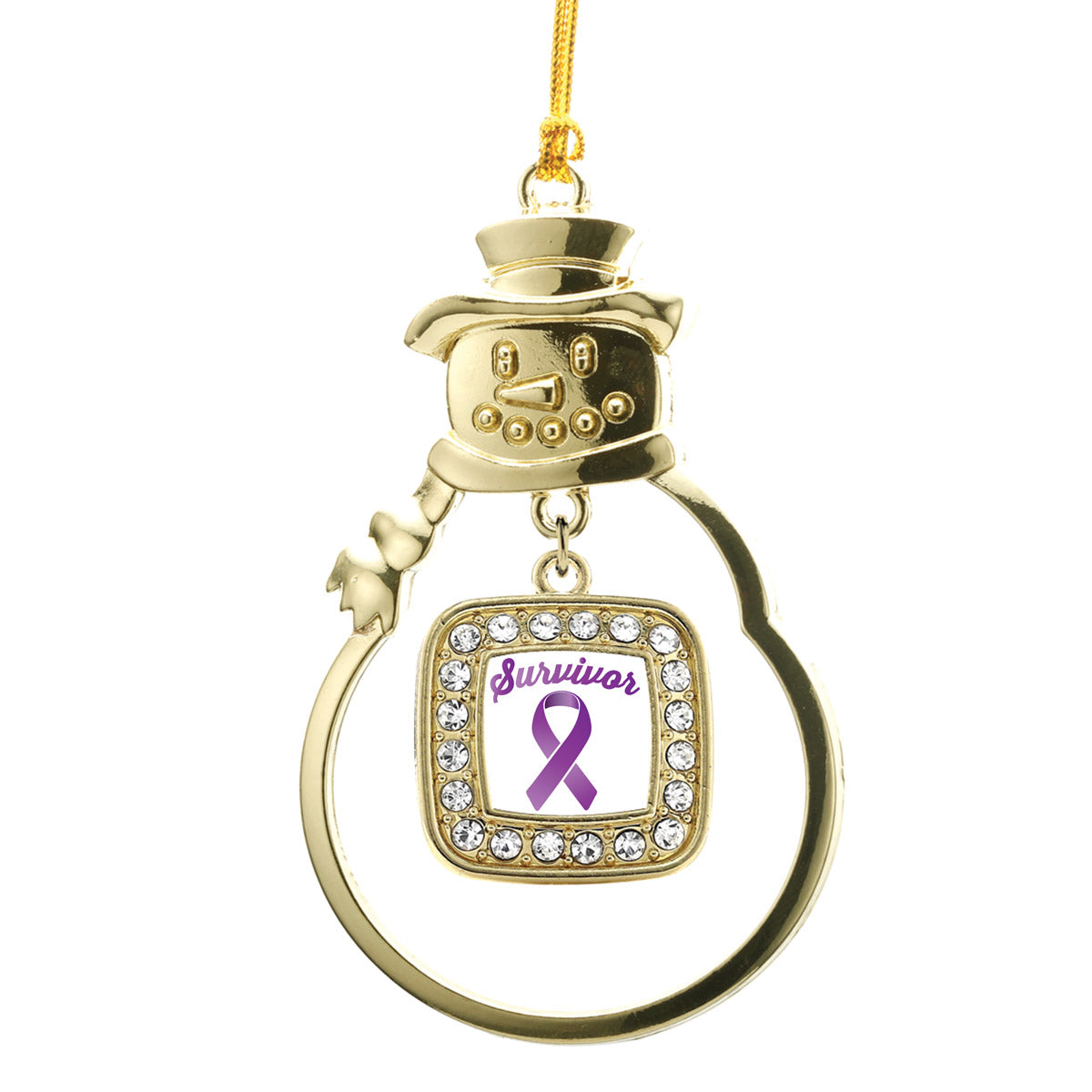 Gold Purple Ribbon Survivor Square Charm Snowman Ornament