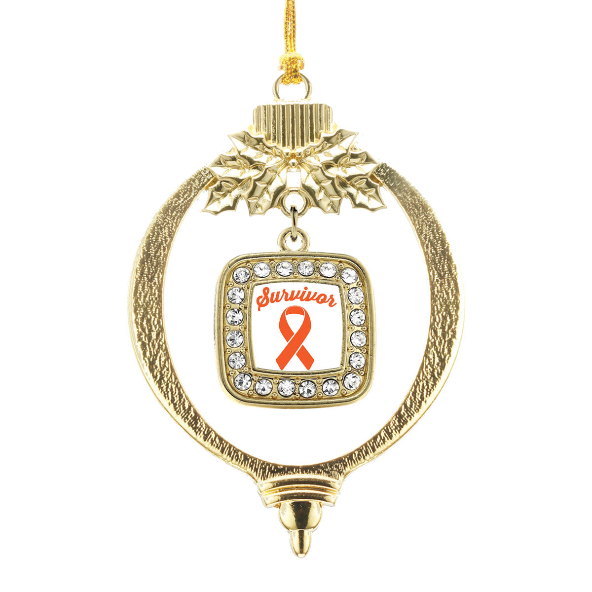 Gold Orange Ribbon Survivor Square Charm Holiday Ornament