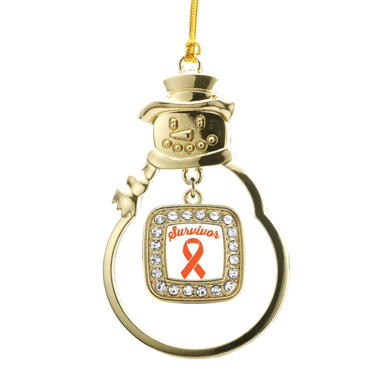 Gold Orange Ribbon Survivor Square Charm Snowman Ornament