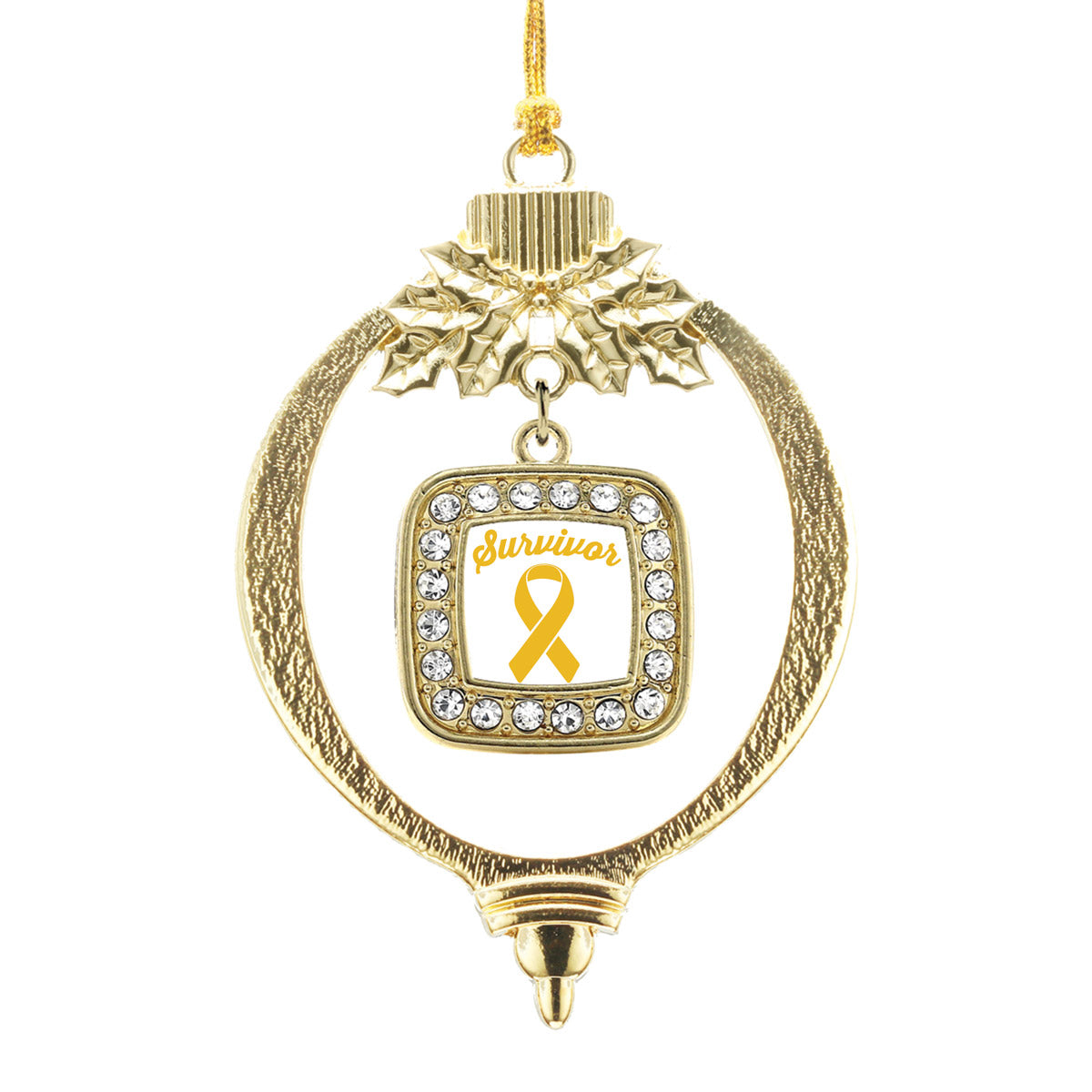 Gold Yellow Ribbon Survivor Square Charm Holiday Ornament