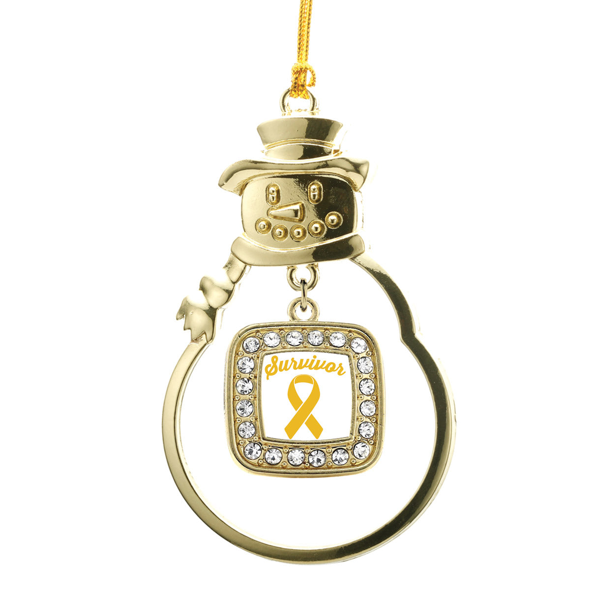 Gold Yellow Ribbon Survivor Square Charm Snowman Ornament
