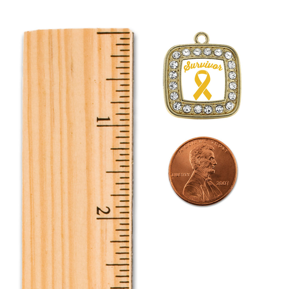 Gold Yellow Ribbon Survivor Square Charm Snowman Ornament