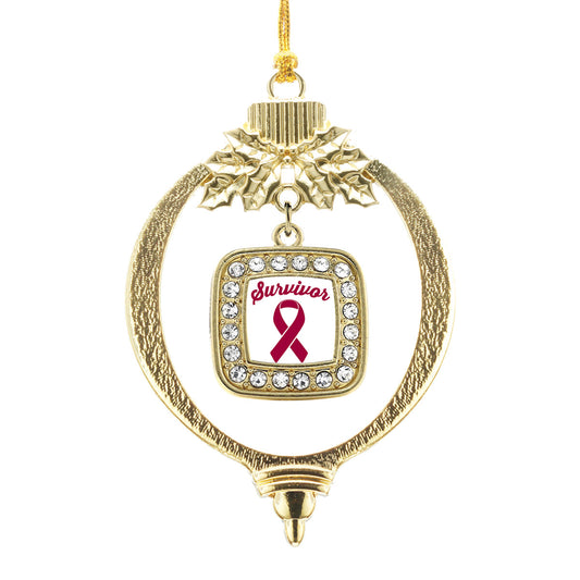 Gold Burgundy Ribbon Survivor Square Charm Holiday Ornament