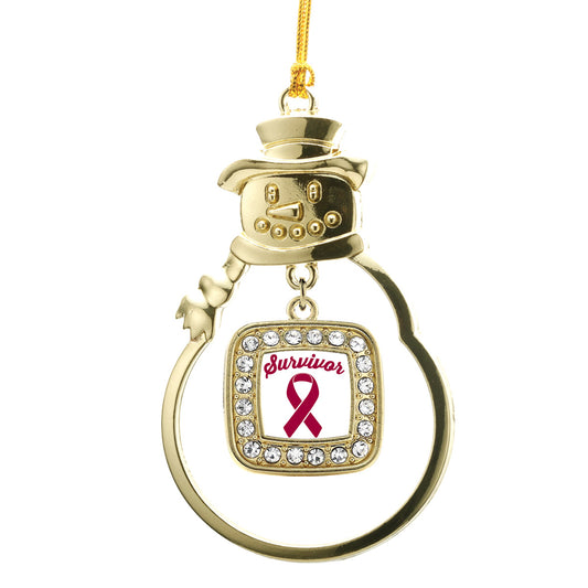 Gold Burgundy Ribbon Survivor Square Charm Snowman Ornament
