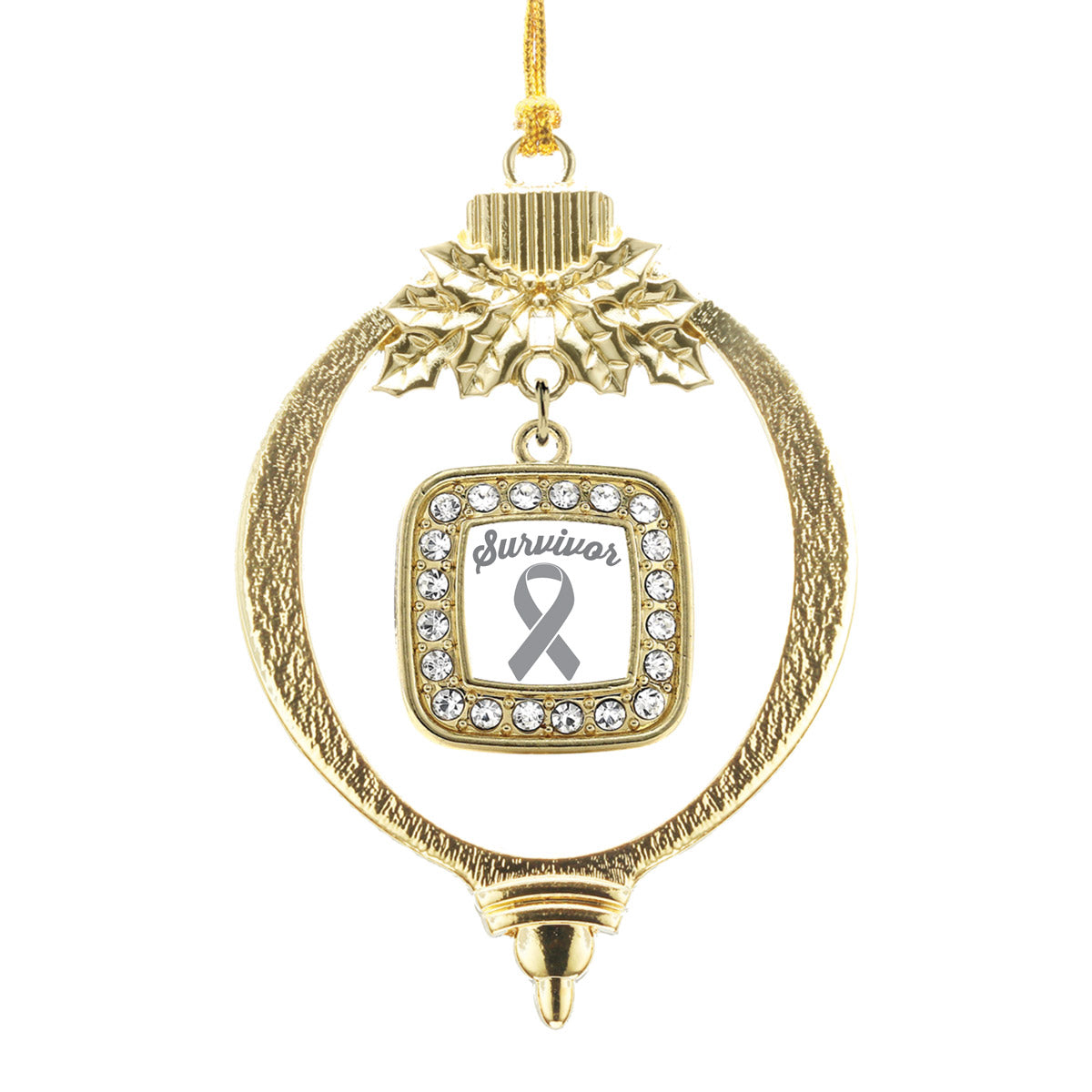 Gold Gray Ribbon Survivor Square Charm Holiday Ornament