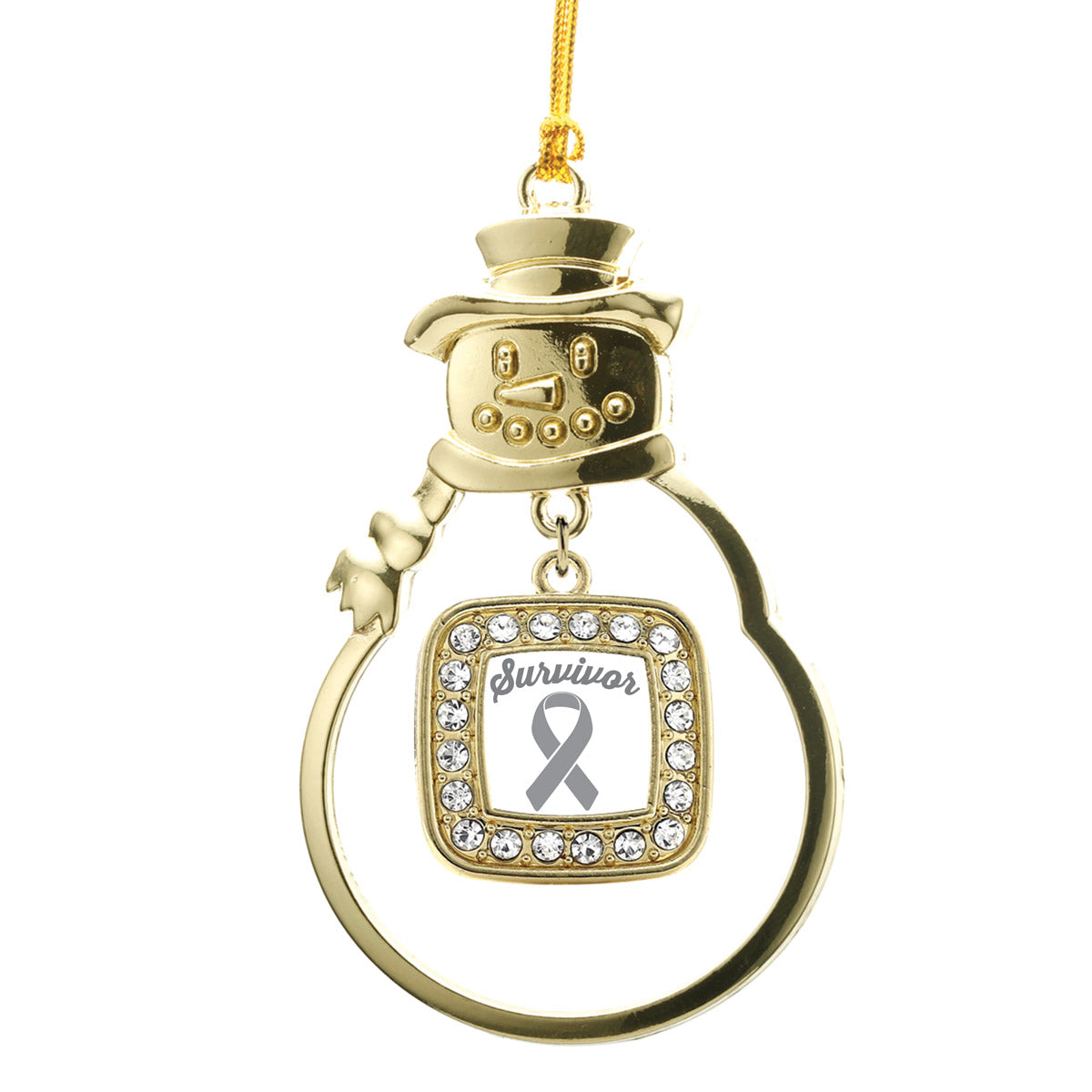 Gold Gray Ribbon Survivor Square Charm Snowman Ornament