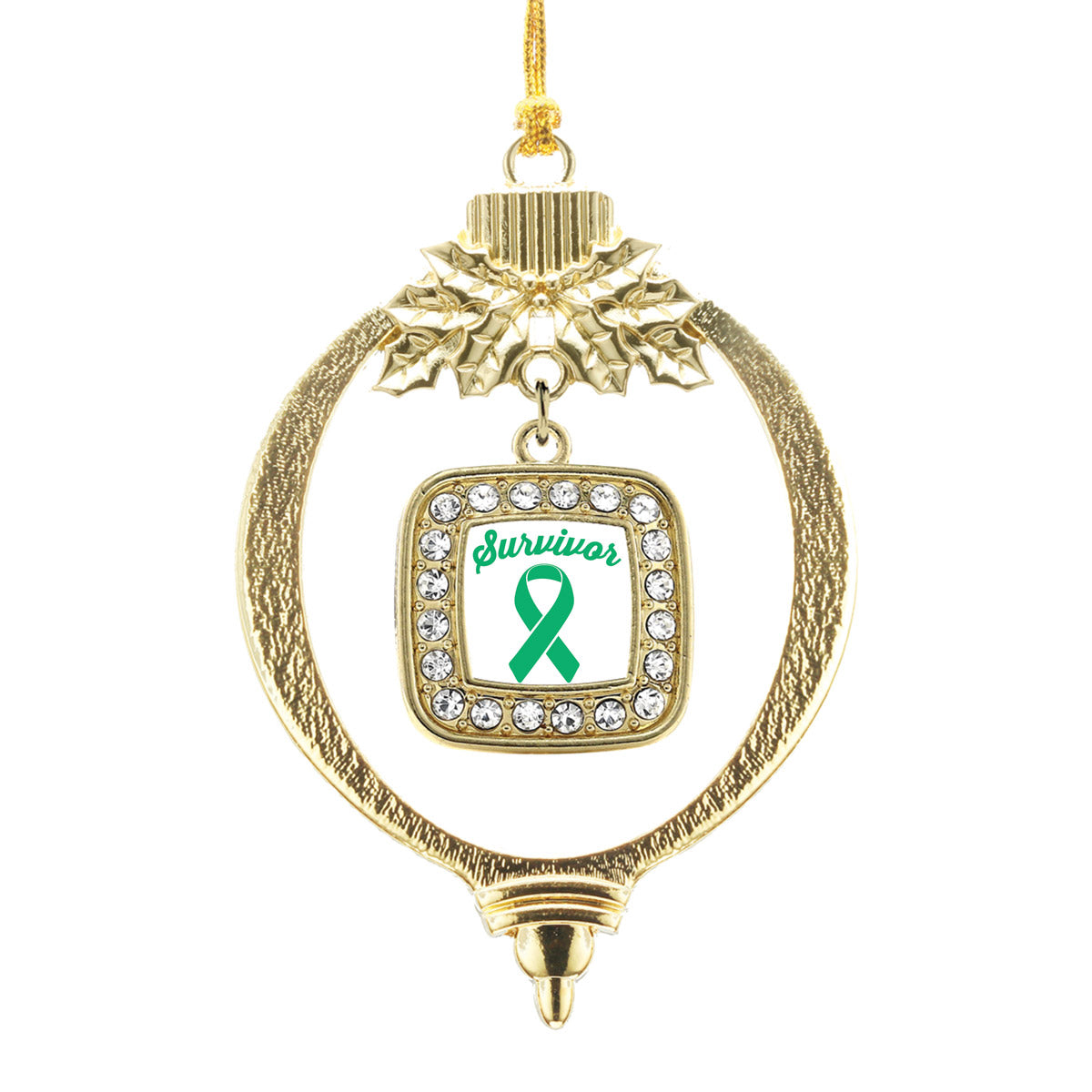 Gold Green Ribbon Survivor Square Charm Holiday Ornament