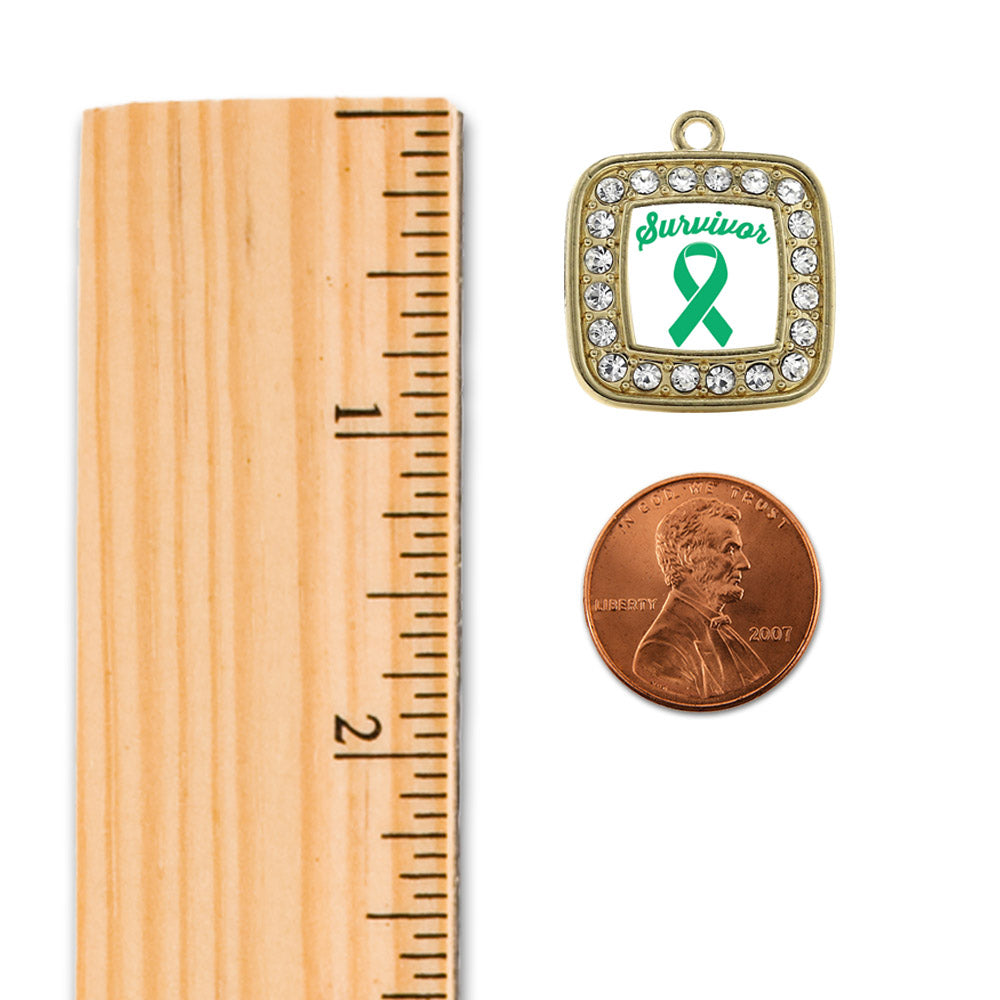 Gold Green Ribbon Survivor Square Charm Holiday Ornament