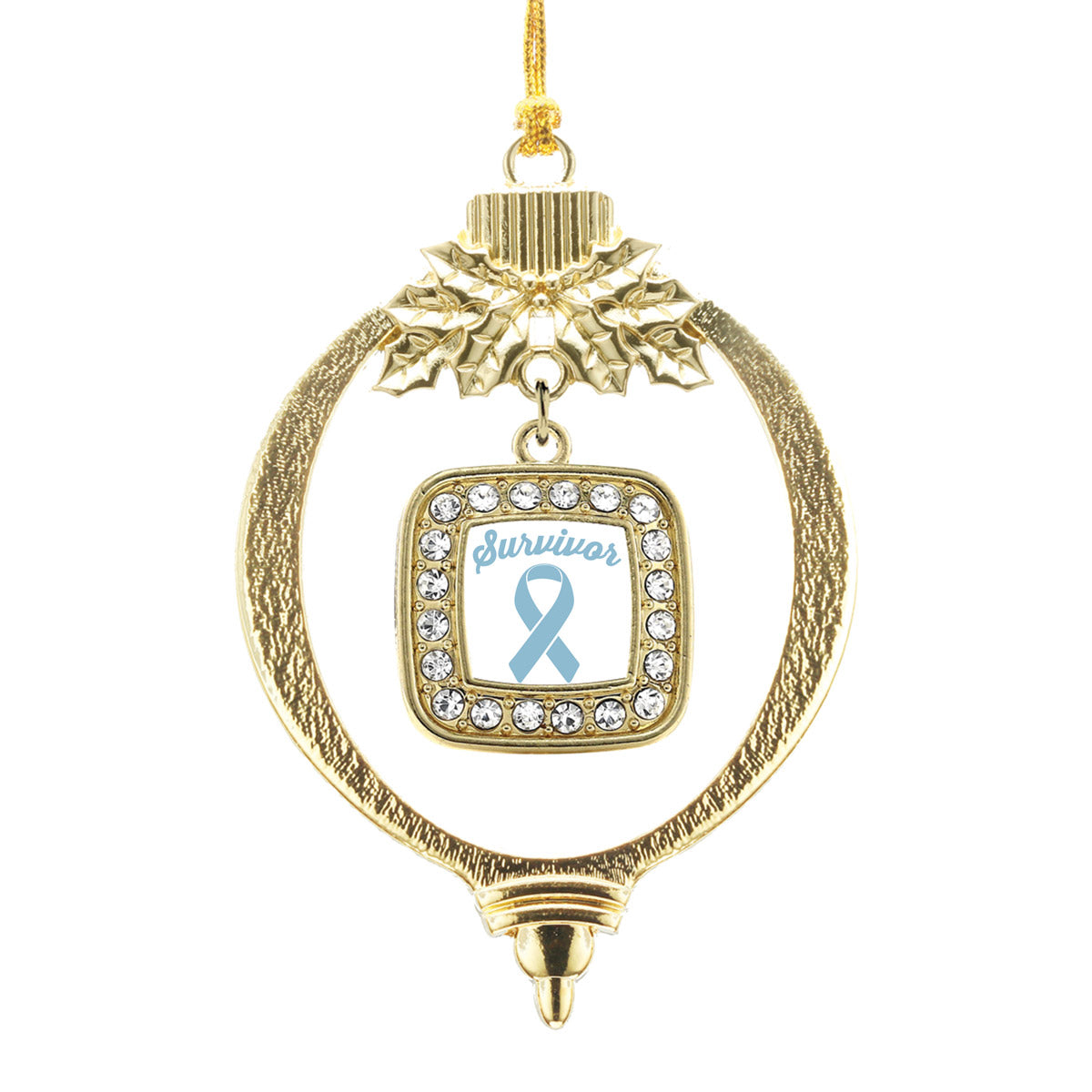 Gold Light Blue Ribbon Survivor Square Charm Holiday Ornament