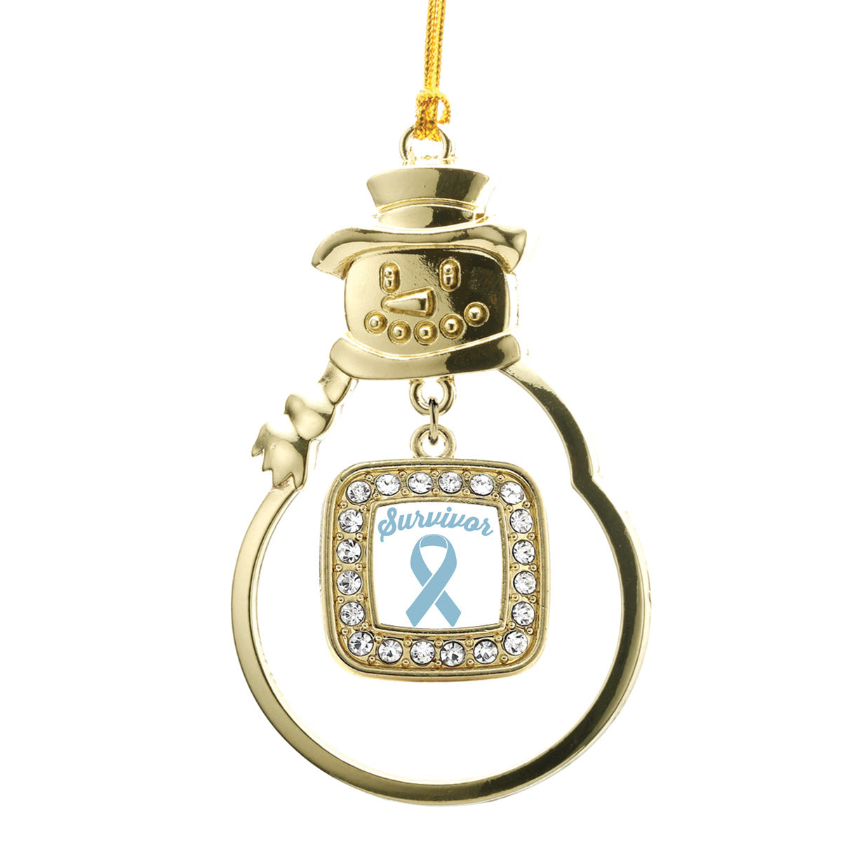 Gold Light Blue Ribbon Survivor Square Charm Snowman Ornament