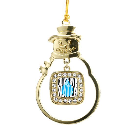 Gold Conserve Water Square Charm Snowman Ornament