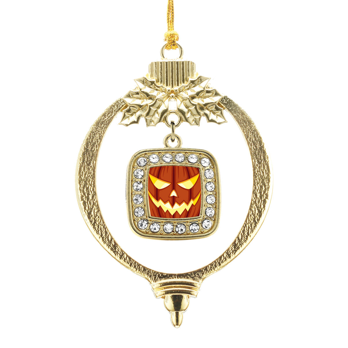 Gold Grinning Pumpkin Square Charm Holiday Ornament