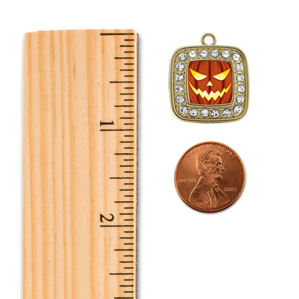 Gold Grinning Pumpkin Square Charm Holiday Ornament