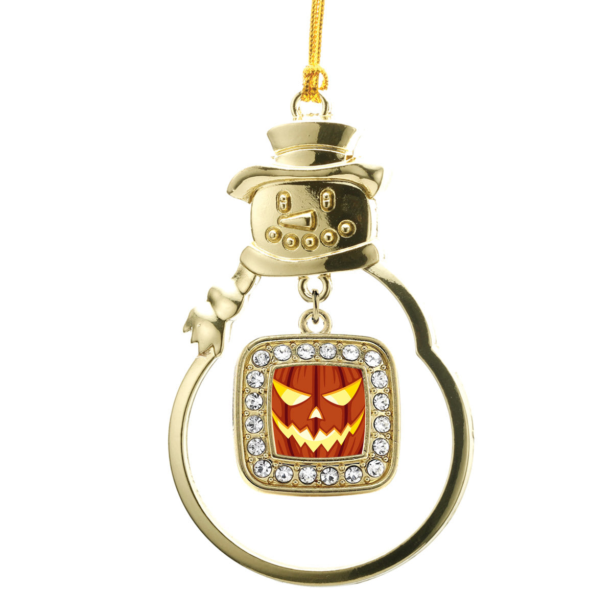 Gold Grinning Pumpkin Square Charm Snowman Ornament
