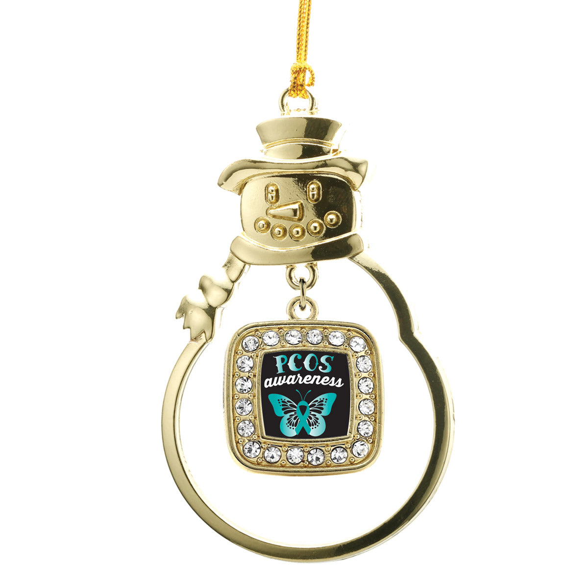 Gold PCOS Awareness Square Charm Snowman Ornament
