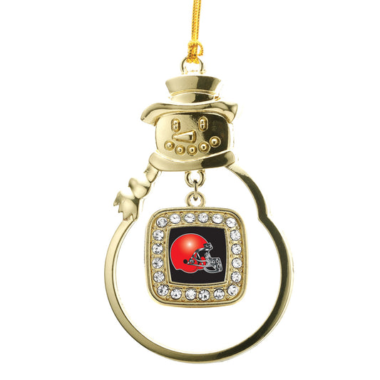 Gold Black and Red Team Helmet Square Charm Snowman Ornament