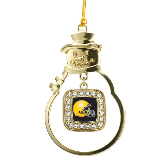 Gold Black and Yellow Team Helmet Square Charm Snowman Ornament