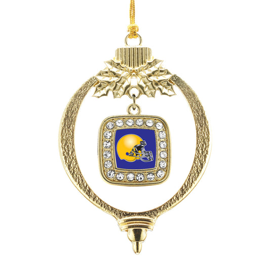 Gold Blue and Yellow Team Helmet Square Charm Holiday Ornament