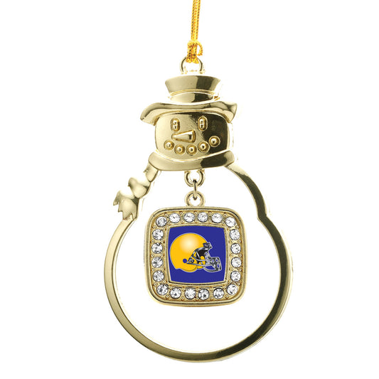 Gold Blue and Yellow Team Helmet Square Charm Snowman Ornament