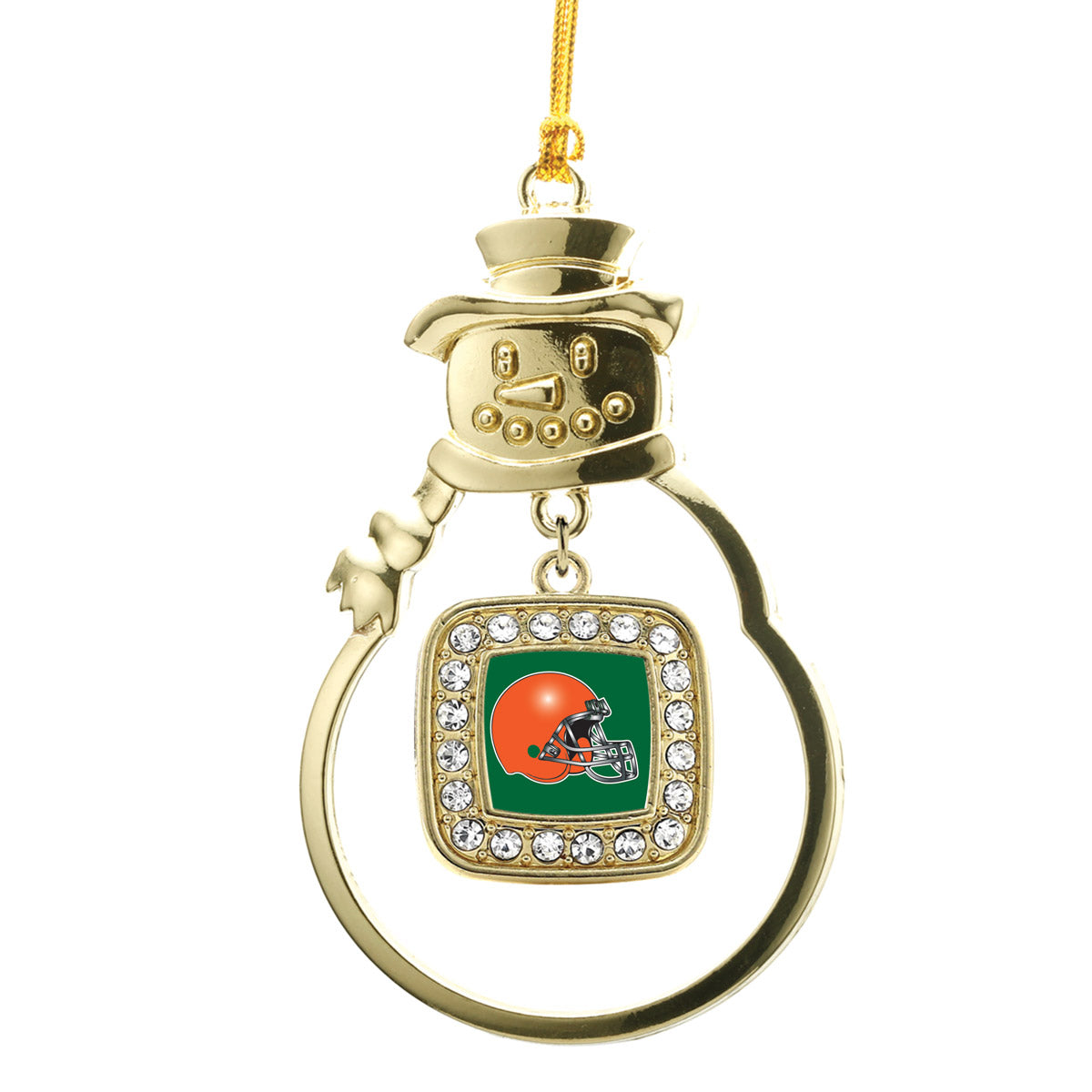 Gold Green and Orange Team Helmet Square Charm Snowman Ornament