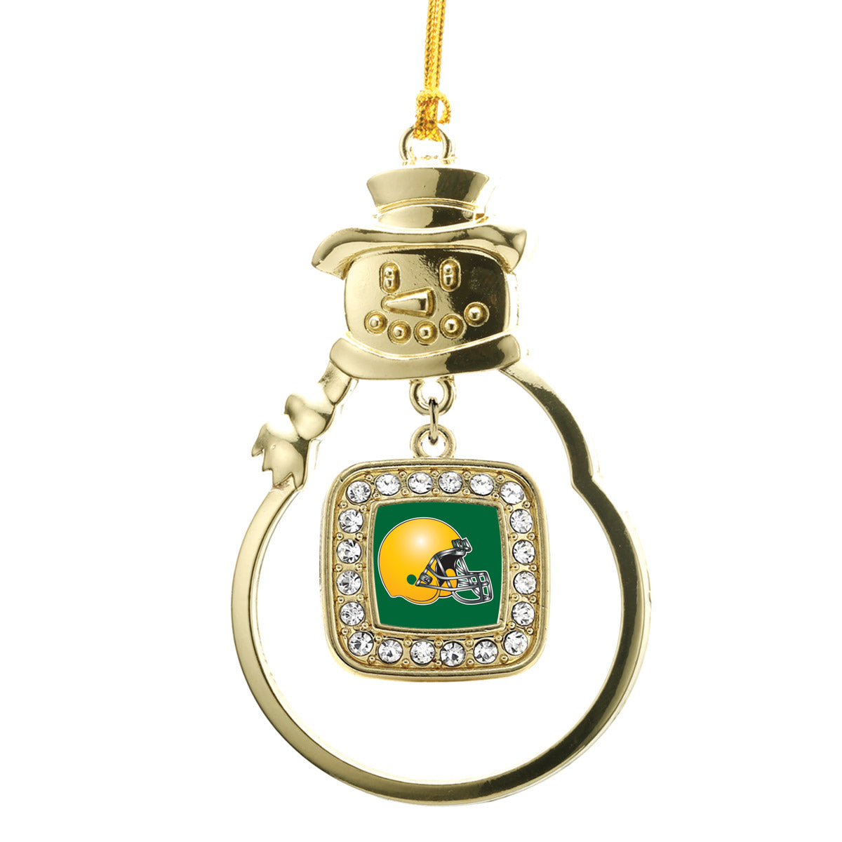 Gold Green and Yellow Team Helmet Square Charm Snowman Ornament