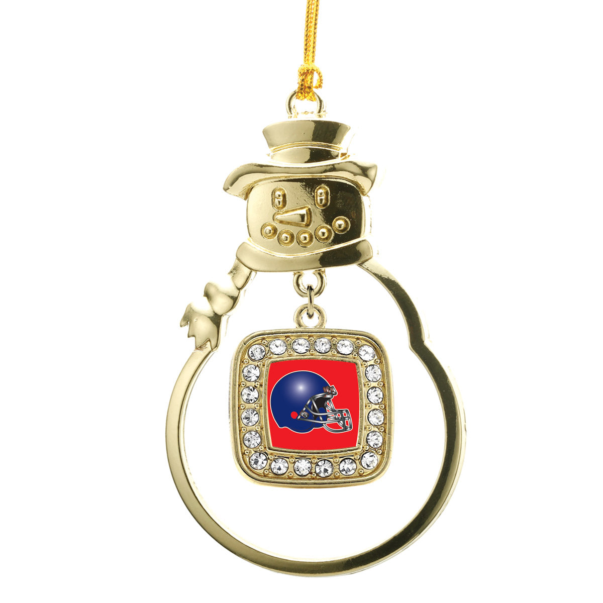 Gold Red and Blue Team Helmet Square Charm Snowman Ornament