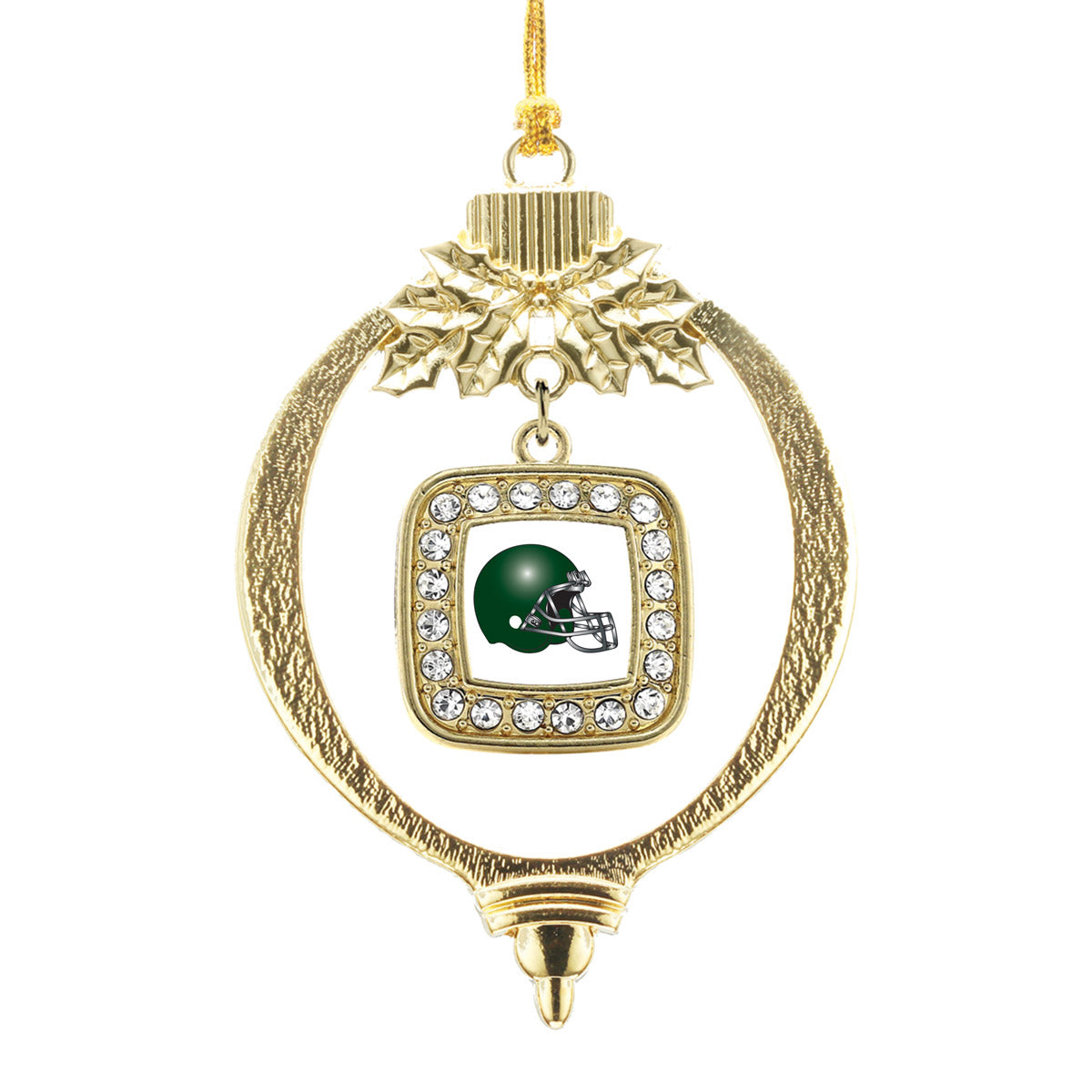 Gold White and Green Team Helmet Square Charm Holiday Ornament