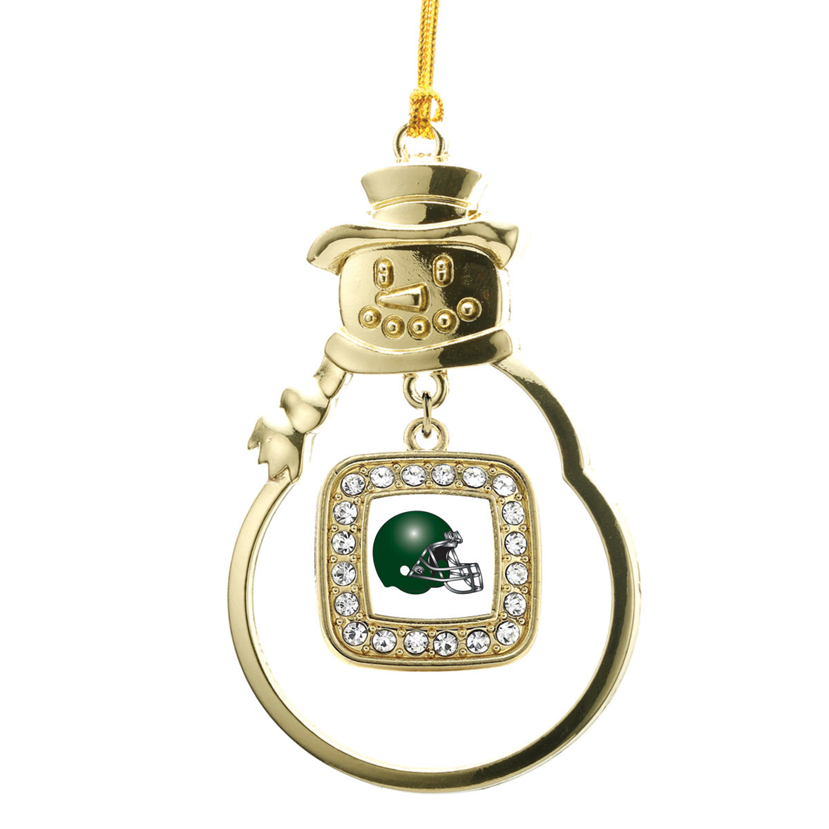 Gold White and Green Team Helmet Square Charm Snowman Ornament