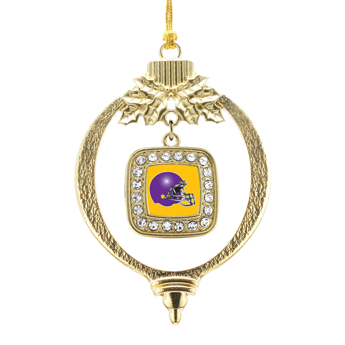 Gold Yellow and Purple Team Helmet Square Charm Holiday Ornament