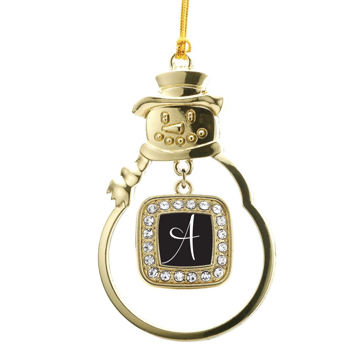 Gold My Script Initials Square Charm Snowman Ornament