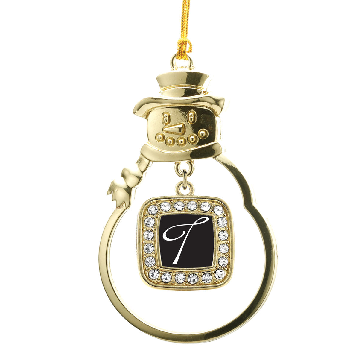 Gold My Script Initials Square Charm Snowman Ornament