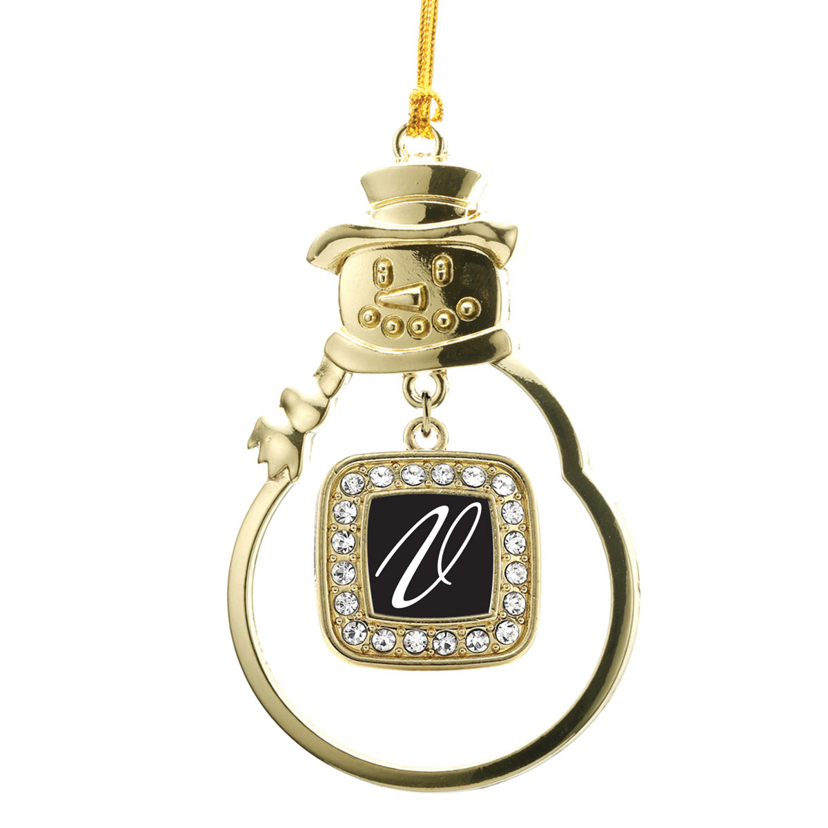 Gold My Script Initials Square Charm Snowman Ornament