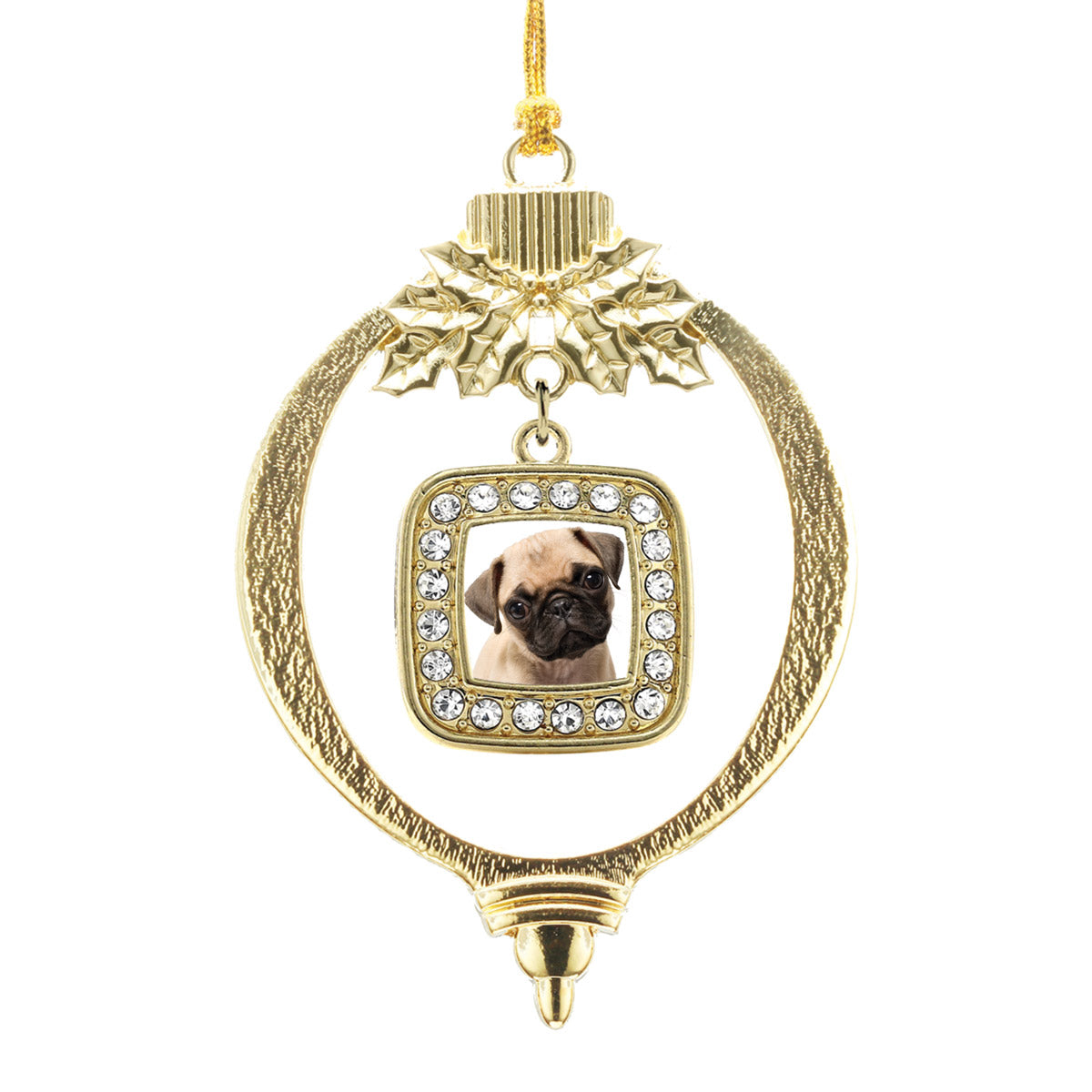 Gold Pug Square Charm Holiday Ornament